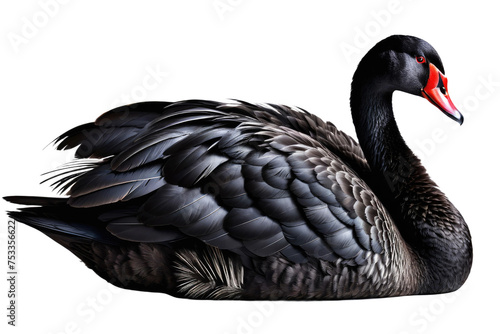 Black swan, center of frame, contrast against pure white background, detailed texture of glossy plumage, graceful curve of neck visible, reflection beneath creating sense of depth, high-resolution
