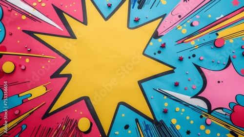 Vibrant comic style explosion background - Colorful and dynamic pop art explosion design with abstract shapes and dotted patterns, invoking excitement and action