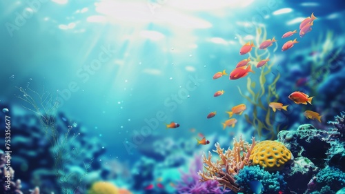Vibrant underwater scene with fish and coral - An underwater world teeming with color, showcasing shoals of fish and diverse coral formations