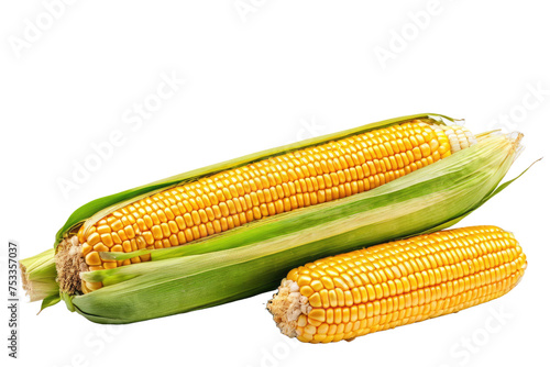 Full body corn cob, vivid colors, isolated on a stark white background, natural light, showcasing the textures of kernels and silk, high quality stock photograph, ultra-clear