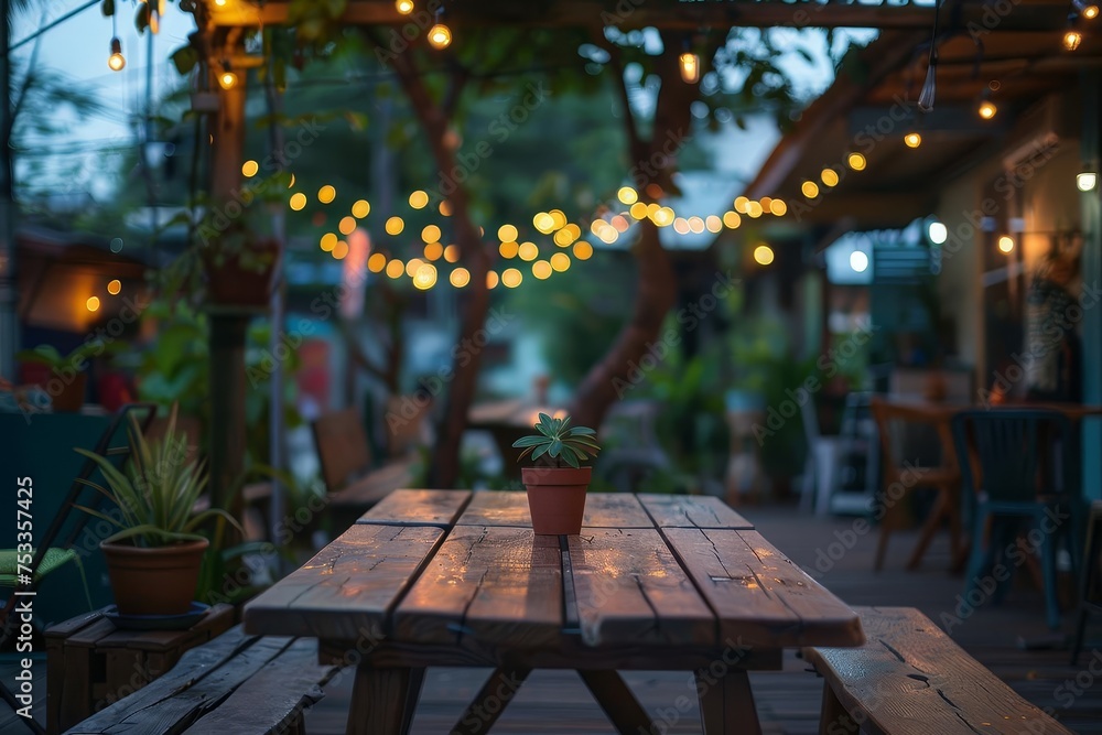 Outdoor cafe scene with a wooden table and atmospheric lighting Creating a cozy and inviting space for dining and socializing - obrazy, fototapety, plakaty 