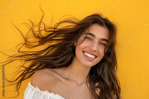 Portrait of a cheerful young woman with flowing brunette hair against a vibrant yellow background. perfect for beauty and fashion concepts