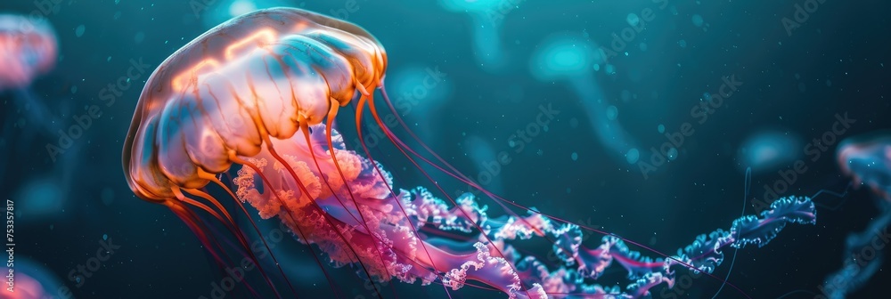 Neon jellyfish floating in a mystical ocean - Electric neon shades capture jellyfish floating elegantly in a mystical deep-sea environment - obrazy, fototapety, plakaty 