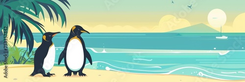 Penguins on a tropical beach illustration - Two penguins stand on a sunny tropical beach with palm trees  the ocean  and a sailboat in the background  in an inviting illustration