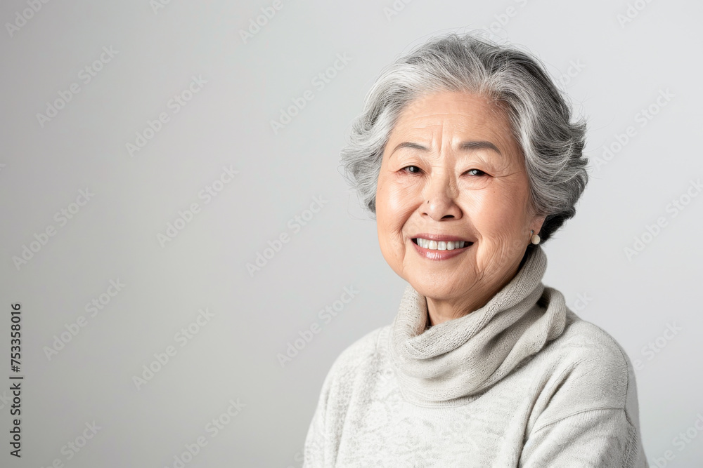 Portrait of old healthy, cheerful beautiful Asian woman smiling and looking at camera with white background. Happy aging society, retirement and senior healthcare concept Portrait of old healthy, cheerful beautiful Asian woman smiling and looking at camera with white background. Happy aging society, retirement and senior healthcare concept