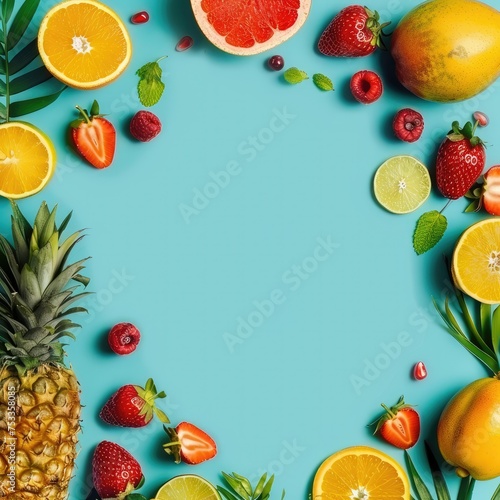 Tropical fruits framing blue background space - High-quality image of tropical fruits arrayed to frame a central blue background, great for invitation or menu designs