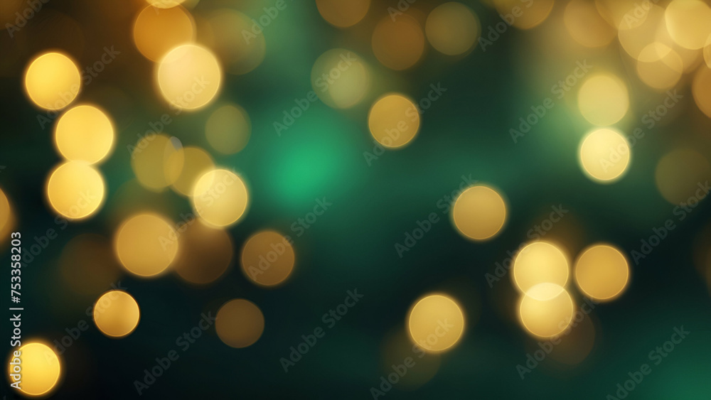 Fototapeta premium Abstract blur bokeh banner background. Gold bokeh on refocused emerald blue background