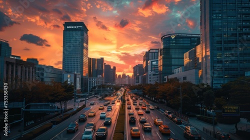 Traffic on a street in a city with tall buildings at sunset. Generative AI.