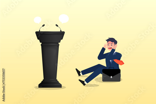 Fearful nervous businessman sitting hidden behind public speaking podium, fear of public speaking, nervous, stress to talk on stage, podium phobia, shy or frightening to give speech to people (Vector)