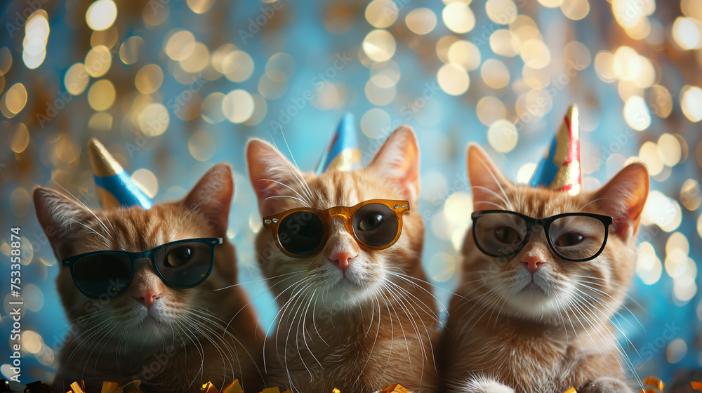 Three cats wearing party hats and glasses on blurred background ...