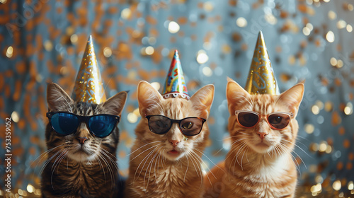 Three cats wearing party hats and glasses on blurred background, closeup, on gold blured glitter background, party ceremony