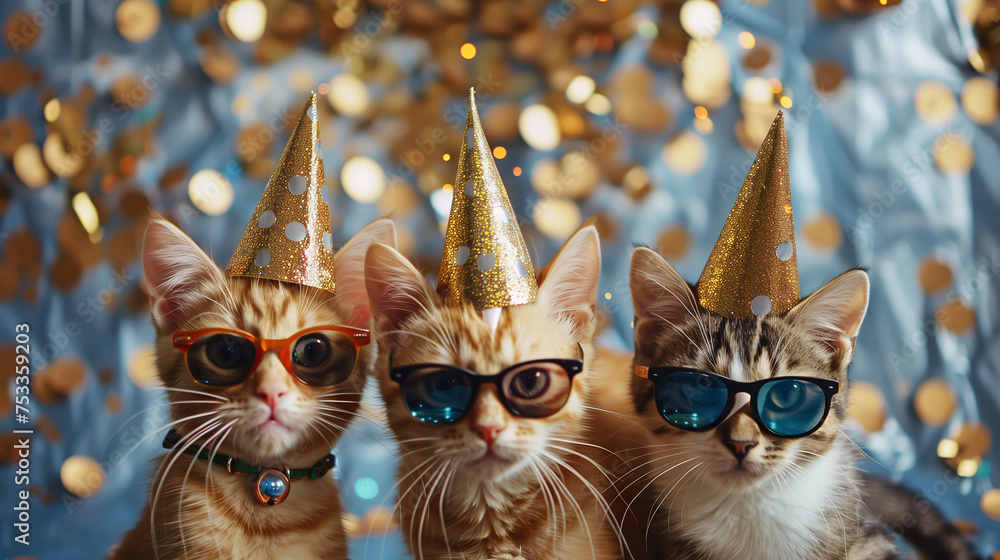 as much fun : cat with party hat and horn funny :... Three cats wearing party hats and glasses on blurred background ...