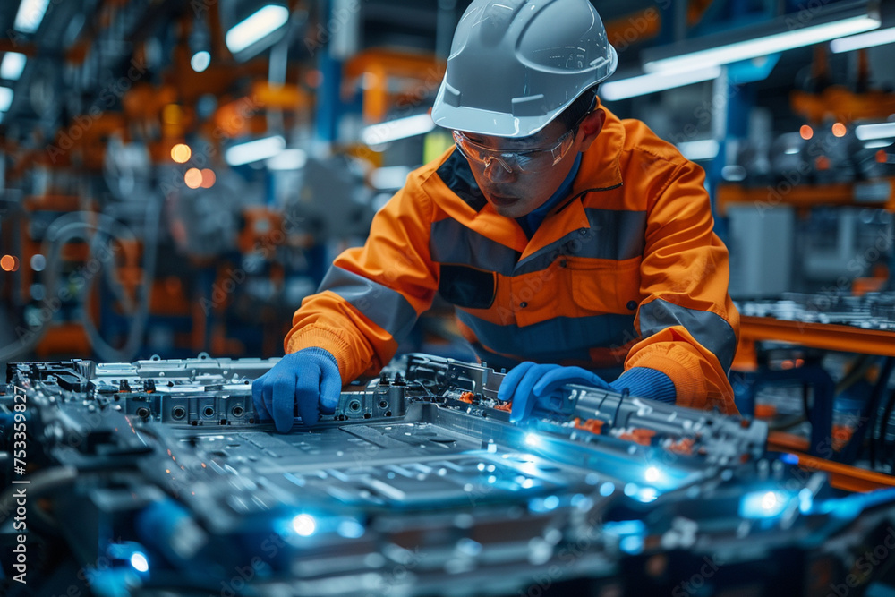 Asian engineer or technician work with ev car battery cells module in laboratory Asian engineer or technician work with ev car battery cells module in laboratory