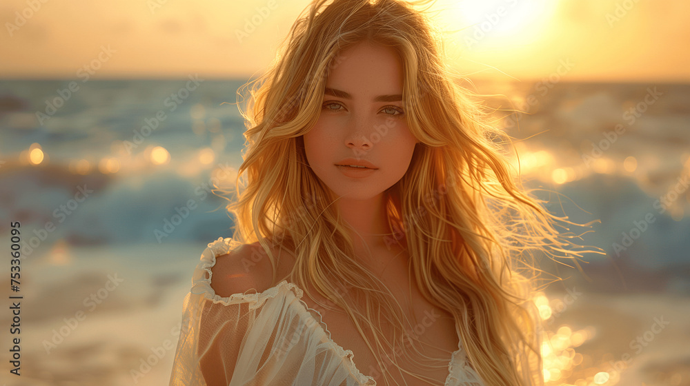 Young Woman Posing at Sunset on the Beach Young Woman Posing at Sunset on the Beach