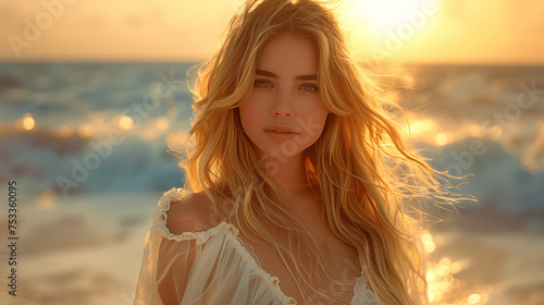 Young Woman Posing at Sunset on the Beach