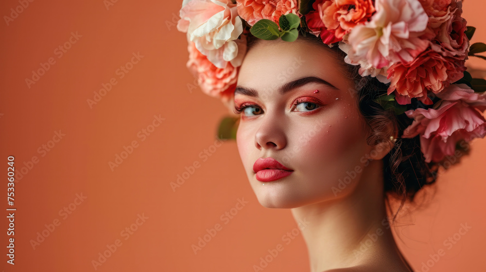 Beauty portrait of young beautiful woman art makeup, flower wreath, posing on peach background.