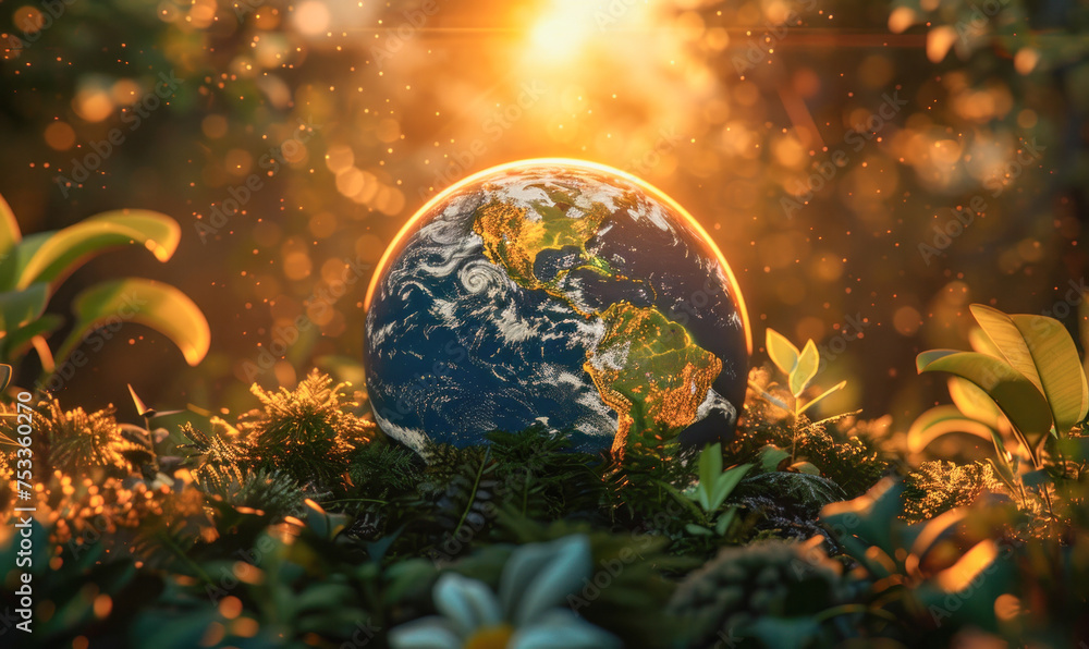 A small blue and white planet is surrounded by a lush green forest. The planet is the center of attention, and the surrounding foliage creates a sense of harmony and balance A small blue and white planet is surrounded by a lush green forest. The planet is the center of attention, and the surrounding foliage creates a sense of harmony and balance