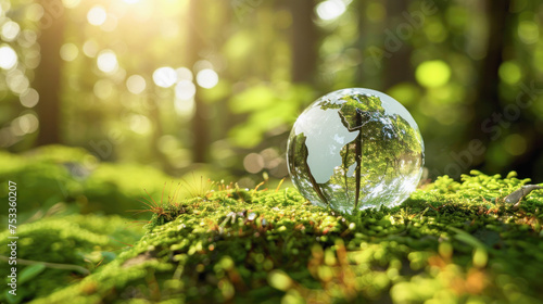 A clear globe is sitting on a mossy forest floor. The globe is surrounded by green grass and trees  creating a serene and peaceful atmosphere. Concept of harmony between nature and the environment