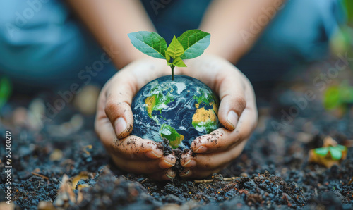 A person is holding a small plant in their hands, with the plant being a representation of the Earth. Concept of responsibility and care for the environment, as the person is nurturing the plant
