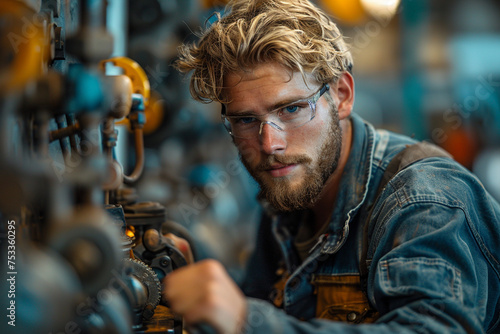 Professional caucasian white ethnicity male technician operating the heavy duty machine in the lathing factory. Technician in safety and helmet suit controlling a machine in factory. © akkapon