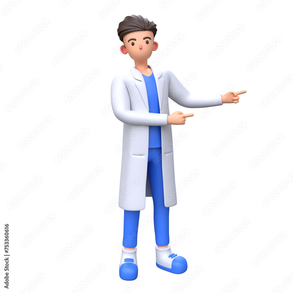 3D Male Doctor pointing right with both index finger