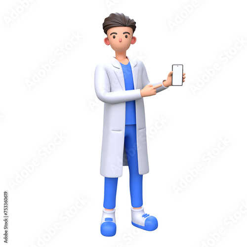 3D Male Doctor pointing at blank phone screen