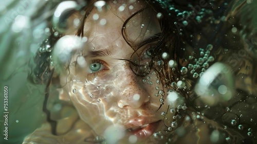 The image shows a close-up view of a person's face partially submerged in water. Air bubbles surround the face, catching the light and creating a sparkling effect. The person has wet hair adhering to 