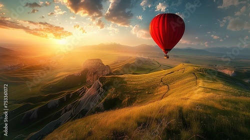 A vibrant red hot air balloon floats in a golden sunset sky above a vast, rolling landscape. The undulating hills are covered with lush green vegetation, interspersed with swathes of yellow wildflower photo