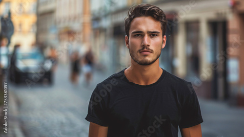 male model in a black cotton t-shirt 