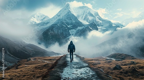 A person in a hooded jacket and backpack is walking on a narrow  muddy pathway amidst a mountainous landscape. The majestic  snow-capped peaks rise in the background  partially shrouded by clouds and 