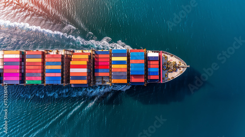 Logistics and transportation of Container Cargo ship and Cargo plane with working crane bridge in shipyard at sunrise, logistic import export and transport industry background. Aerial view of freight.