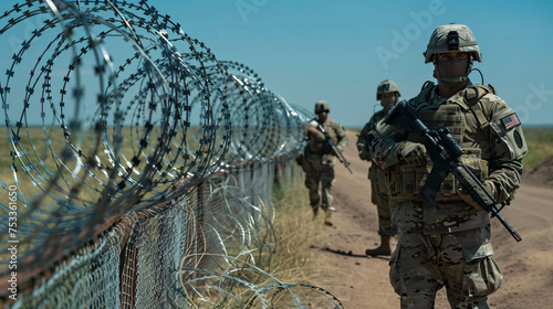 Military guards with weapons stand along the border with barbed wire, guarding the border from illegal immigrants. 