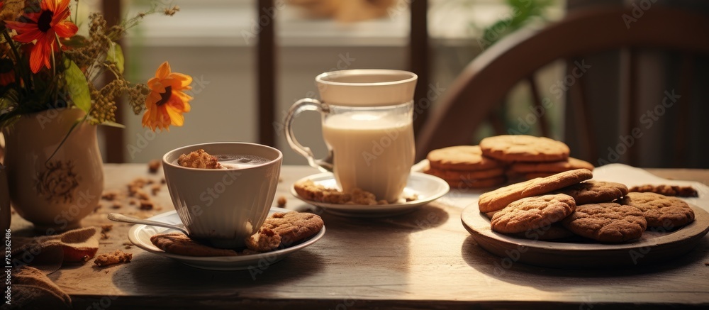 Comfortable home morning meal with coffee and biscuits on the table Comfortable home morning meal with coffee and biscuits on the table