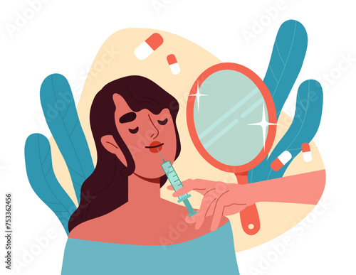 Botox in lips concept. Doctor with syringe gives injection to woman. Plastic surgeon with patient. Beauty procedures and treatment. Cartoon flat vector illustration isolated on white background