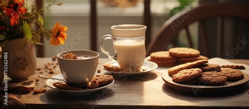 Comfortable home morning meal with coffee and biscuits on the table