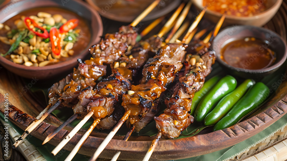 sate dish with skewered meat and peanut sauce