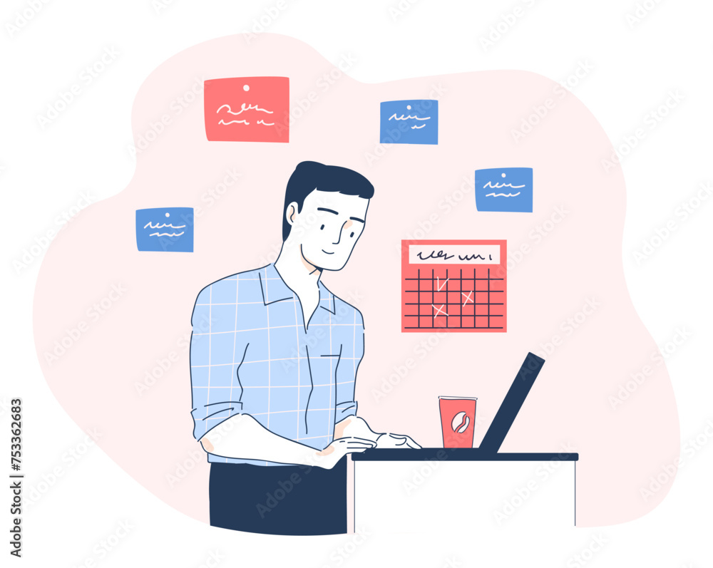 Businessman at workplace simple. Man stands with laptop near notes and memo. Time management and organization of efficient work process. Motivation and leadership. Linear flat vector illustraton