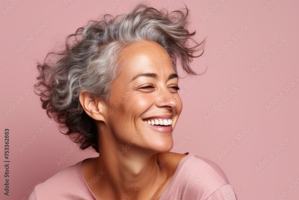 Portrait of a smiling middle-aged woman with grey hair on a pink background Portrait of a smiling middle-aged woman with grey hair on a pink background