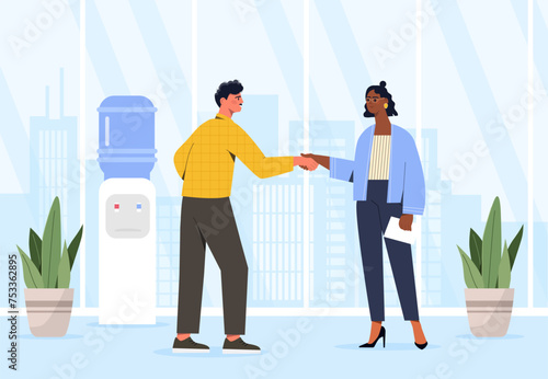 Businesspeople meeting concept. Man and woman shaking hands in office. Collaboration and cooperation, teamwork and partnership. Businessman and investor. Cartoon flat vector illustration