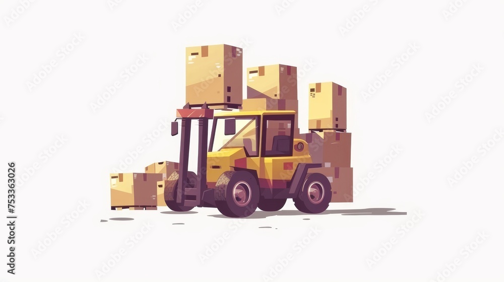 Warehouse workers and forklift drivers Forklift carrying pallets with goods in boxes, transportation, moving