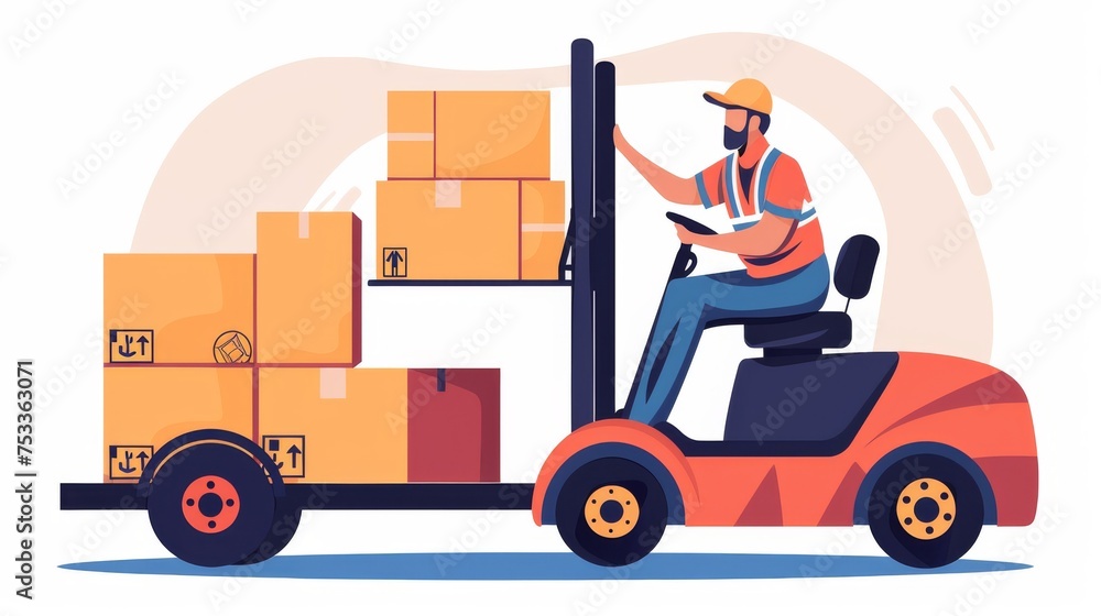 Warehouse workers and forklift drivers Forklift carrying pallets with goods in boxes, transportation, moving Warehouse workers and forklift drivers Forklift carrying pallets with goods in boxes, transportation, moving