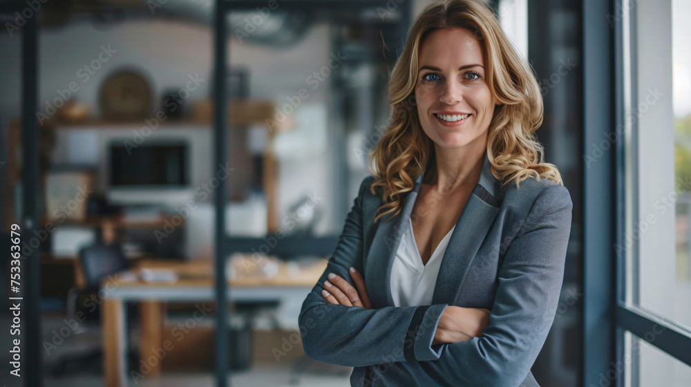 Portrait of successful business woman inside office, standing with arms crossed 