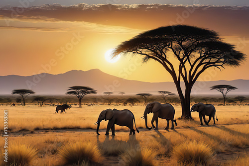 vast African savanna golden hour  wild animals. Elephants grazing near waterhole  pride of lions rest. giraffes  zebras and antelopes eats grass. silhouettes of mountains  setting sun warm orange glow