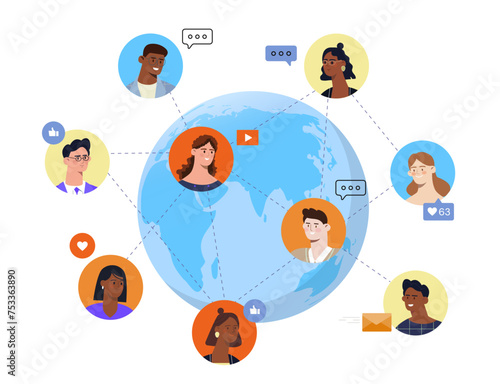 Global connection concept. Avatars of men and women near globe. Communication in social networks and messengers. Users online. Cartoon flat vector illustration isolated on white background