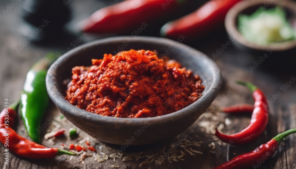 view of Sambal pedas is cayenne pepper and ground red chili with a stone mortar. Indonesian food view of Sambal pedas is cayenne pepper and ground red chili with a stone mortar. Indonesian food