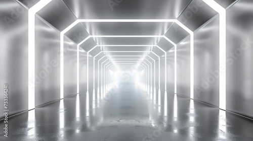 White background 3D room light abstract space technology tunnel stage floor. 3D neon background studio futuristic corridor interior silver road black wall design gray
