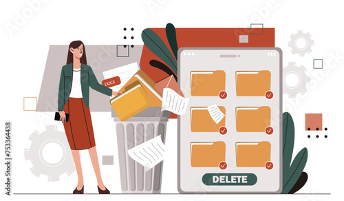 Woman deleting data concept. Young girl with folder of documents near trashcan. Clear of space at smartphone of computer. Delete information from storage. Cartoon flat vector illustration