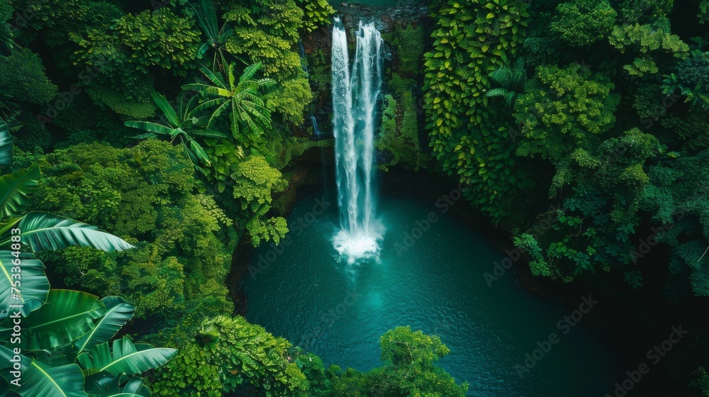 Bird's-eye view of a majestic waterfall plunging into a turquoise pool