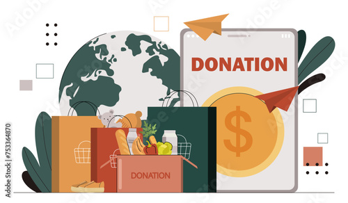Donation box concept. Baguette with vegetables and fruits. Care and support for poor people and children. Charity, kindness and generosity. Toys and clothes. Cartoon flat vector illustration
