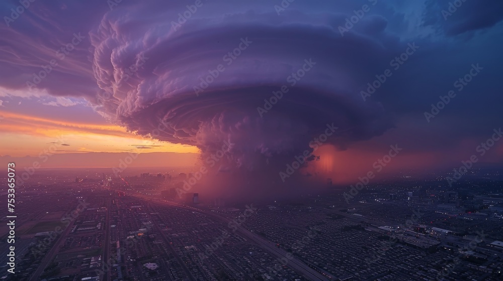 The sprawling city skyline is captured from above, showcasing an impending thunderstorm in an aerial shot